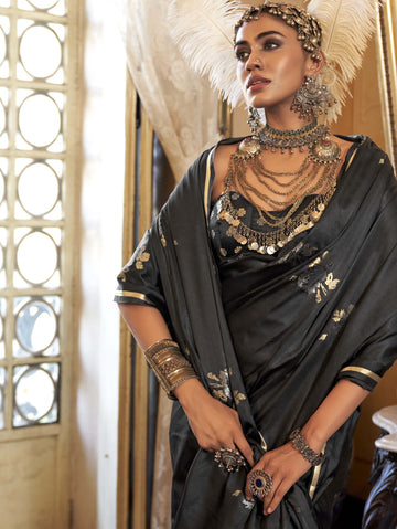 Majestic Pure Satin Handloom Weaving Silk Saree with Floral Motifs - Black