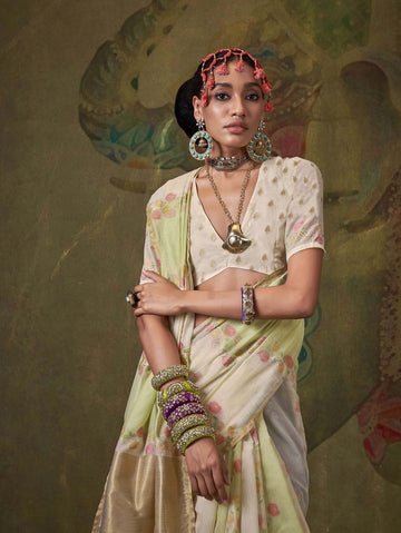 Elegant Pure Handloom Spun Rangkaat Silk Saree - Cream Green