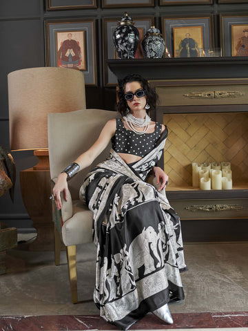 Elegant Patola-Print Satin Crepe Saree - White Black