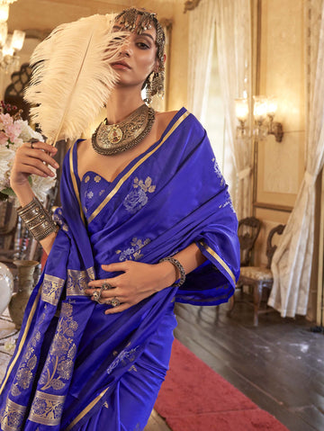 Majestic Pure Satin Handloom Weaving Silk Saree with Floral Motifs - Ink Blue