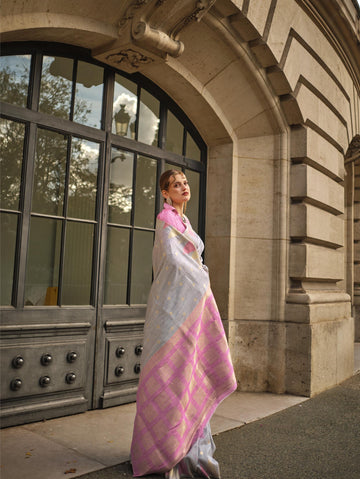 Handloom Khaddi‑Silk Saree - Pearl Grey with Pink