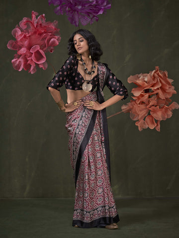 Satin Crepe Saree with Traditional Ajrakh Prints - Rust Black