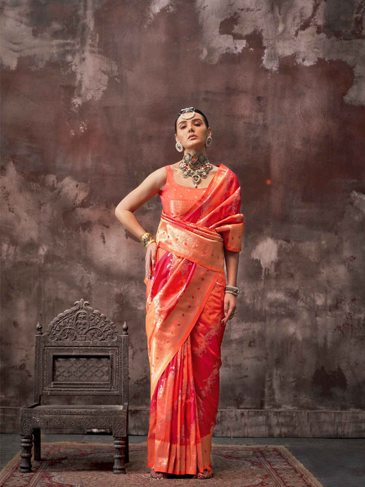 Ethnic Zari Silk Blend Banarasi Saree - Orange