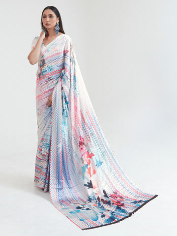 Printed Satin Saree - White Blue