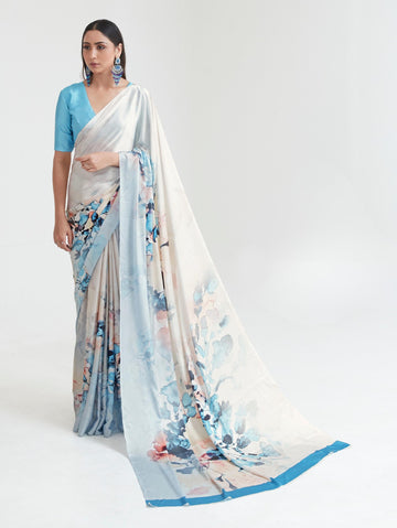 Printed Satin Saree - Light Blue And White