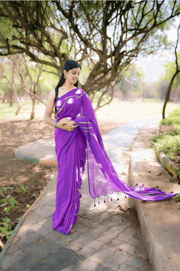 Hand Painted Pure Cotton Floral Saree - Purple - - Laxha Clothing - www.laxhaclothing.com