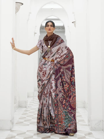 Authentic Pure Silk Crepe Kalamkari Saree - Maroon Grey