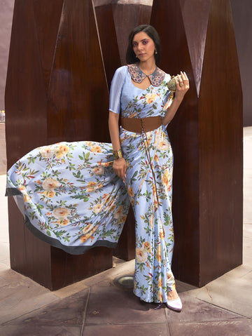 Luxe Satin Printed Saree - Sky Blue
