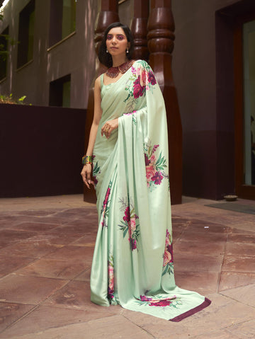 Luxe Satin Printed Saree - Mint Green