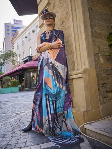Pure Silk Printed Crepe Saree - Indigo