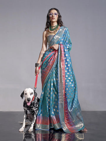 Handwoven Weaving Silk Saree - Teal