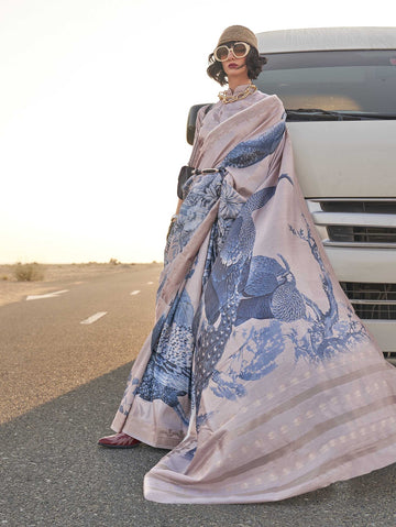 Printed Tussar Silk Saree - Levender Blue