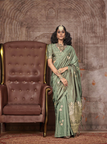 Traditional Pichwai Banarasi Saree - Sage Green - - Laxha Clothing - www.laxhaclothing.com
