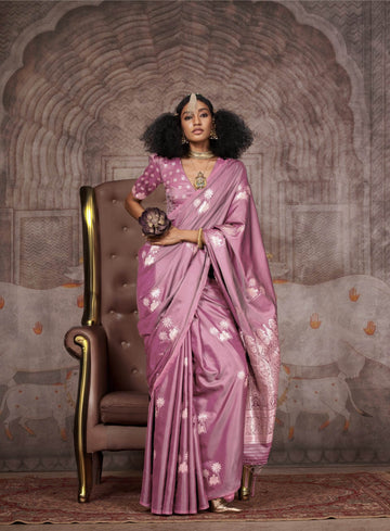 Traditional Pichwai Banarasi Saree - Rose Pink - - Laxha Clothing - www.laxhaclothing.com