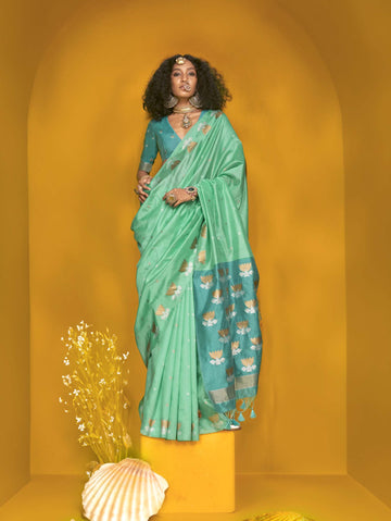 Elegant Handloom Tussar Silk Saree with Lotus Motif - Aqua Green