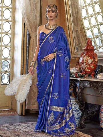 Majestic Pure Satin Handloom Weaving Silk Saree with Floral Motifs - Royal Blue