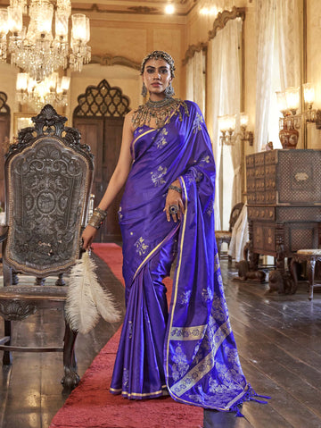 Majestic Pure Satin Handloom Weaving Silk Saree with Floral Motifs - Purple