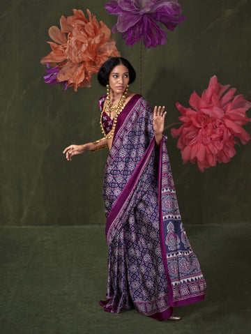Satin Crepe Saree with Traditional Ajrakh Prints - Wine Blue