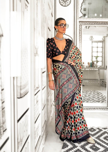 Ajrakh Printed Satin Saree - Black - - Laxha Clothing - www.laxhaclothing.com