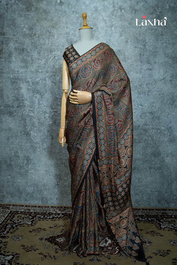 Everyday Ajrakh Printed Saree - Beige - - Laxha Clothing - www.laxhaclothing.com