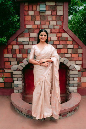 Pure Banarasi Tissue Silk with Hand Embroidered Kardana Border - Golden White