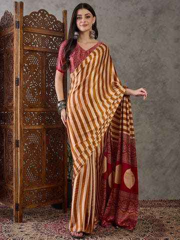 Ajrakh Printed Silk Saree - Mustard