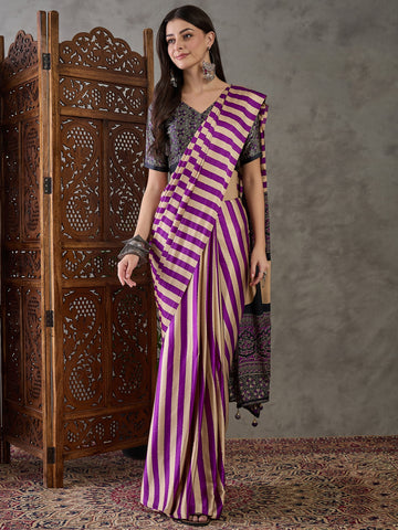 Ajrakh Printed Silk Saree - Purple