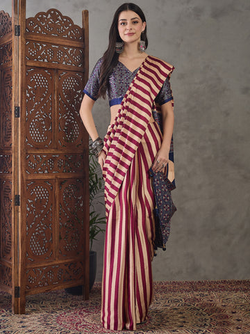 Ajrakh Printed Silk Saree - Maroon