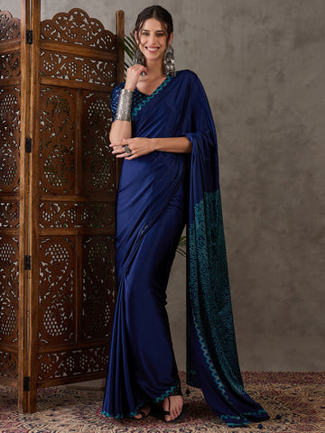 Ajrakh Printed Silk Saree - Navy Blue