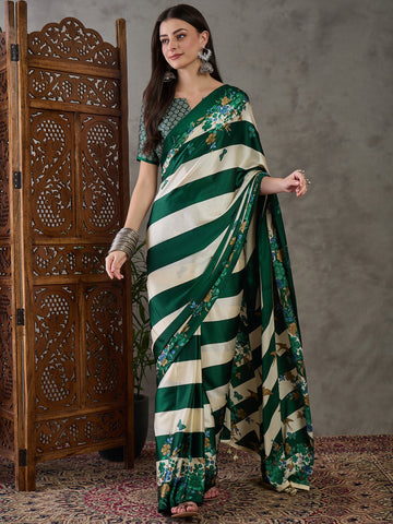 Ajrakh Printed Silk Saree - Forest Green and Cream