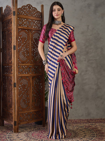 Ajrakh Printed Silk Saree - Dark Blue