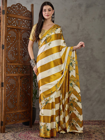 Ajrakh Printed Silk Saree - Mustard and Cream