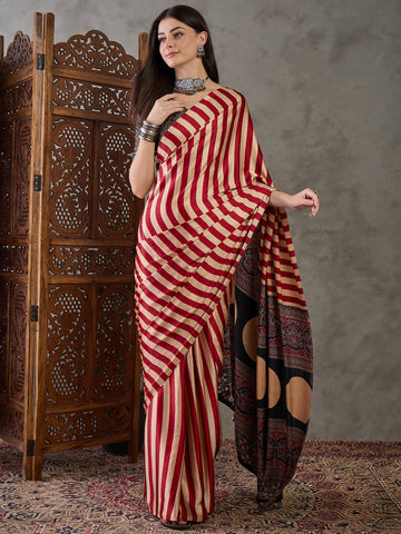 Ajrakh Printed Silk Saree - Red