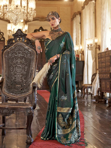 Majestic Pure Satin Handloom Weaving Silk Saree with Floral Motifs - Bottle Green