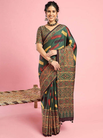 Everyday Ajrakh Printed Saree - Green - - Laxha Clothing - www.laxhaclothing.com