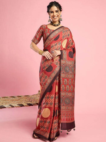 Everyday Ajrakh Printed Saree - Rust - - Laxha Clothing - www.laxhaclothing.com