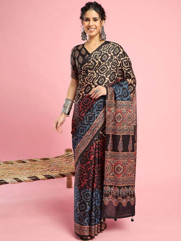 Everyday Ajrakh Printed Saree - Multicolour - - Laxha Clothing - www.laxhaclothing.com