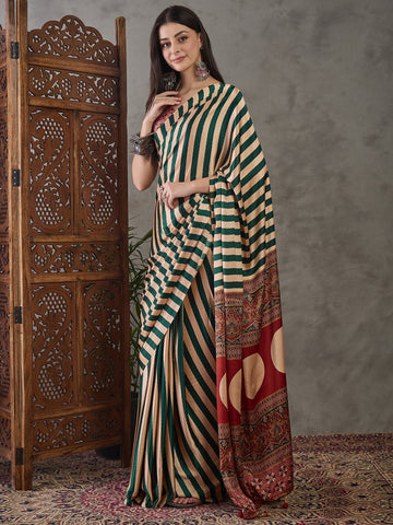Ajrakh Printed Silk Saree - Forest Green