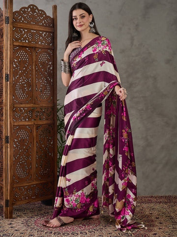 Ajrakh Printed Silk Saree - Maroon and Cream
