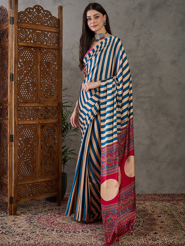 Ajrakh Printed Silk Saree - Blue