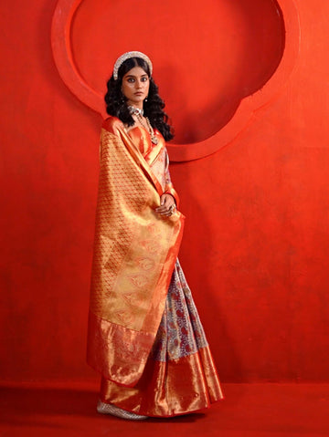 Elegant Pure Handloom Dharmavaram Mulberry Silk Saree - Orange Beige