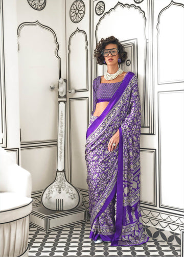 Ajrakh Printed Satin Saree - Purple - - Laxha Clothing - www.laxhaclothing.com