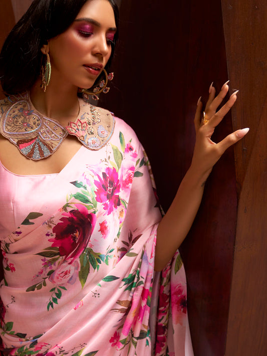 Printed Satin‑Crepe Saree - Baby Pink