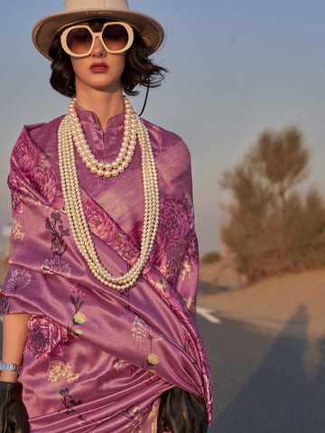 Printed Tussar Silk Saree - Dusty Lilac