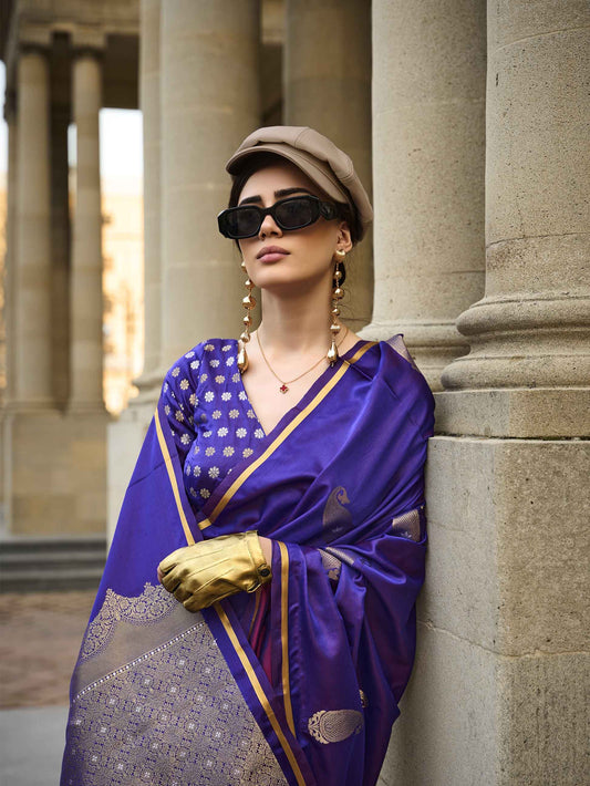 Pure Satin Handloom Weaving Silk Saree with Zari Buti & Heavy Pallu - Royal Purple