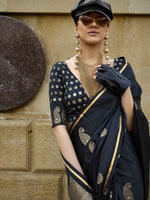 Pure Satin Handloom Weaving Silk Saree with Zari Buti & Heavy Pallu - Jet Black