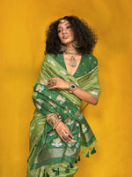 Elegant Handloom Tussar Silk Saree with Lotus Motif - Olive Green