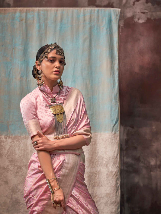 Woven Banarasi Satin Silk Saree - Dusty Rose