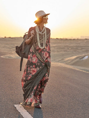 Printed Tussar Silk Saree - Charcoal Black