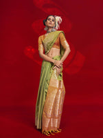 Contrast Ikkat Pallu Tussar Silk Handloom Saree - Parrot Green